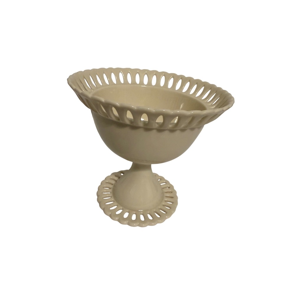 I Godinger & Co Cream Ceramic Reticulated Pedestal Bowl‎ Lattice Compote Dish